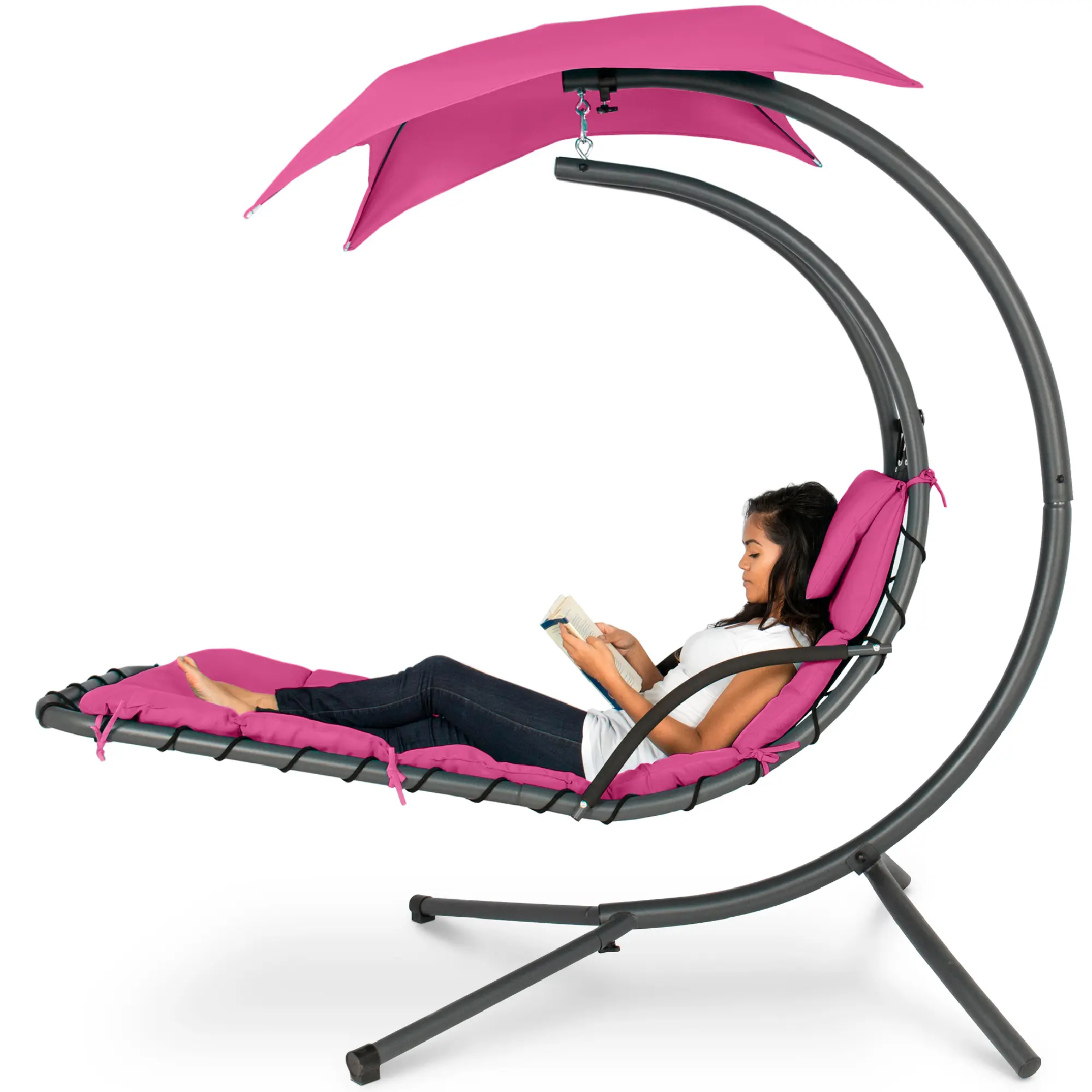Best Choice Products Hanging Curved Chaise Lounge Chair Swing for Backyard, Patio w/ Pillow, Shade, Stand Best Choice Products Hanging Curved Chaise Lounge Chair Swing for Backyard, Patio w/ Pillow, Shade, Stand