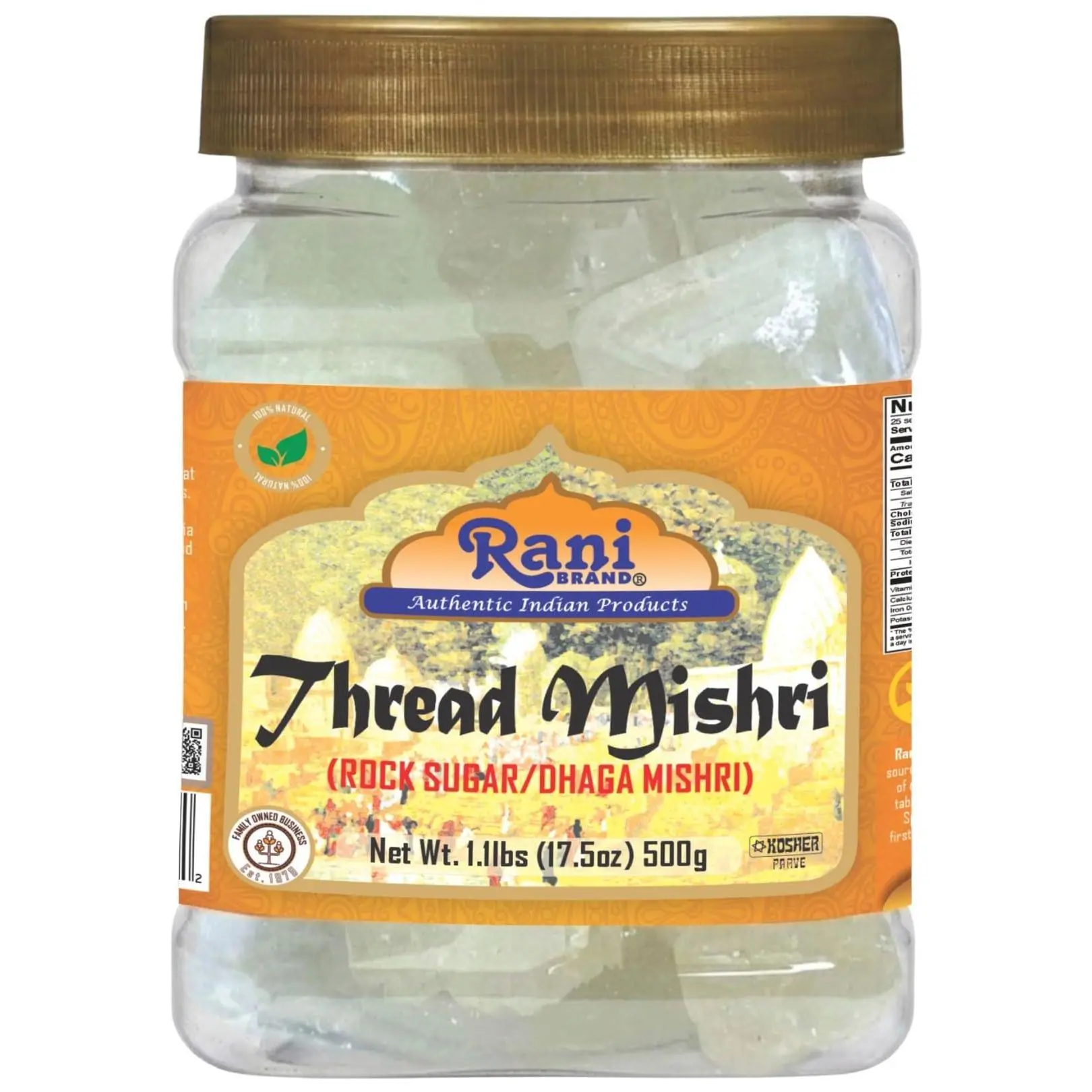 Rani Thread Misri (Rock Sugar / Dhaga Mishri) 17.5oz (1.1lbs) 500g PET Jar ~ All Natural | Gluten Friendly | No Colors | Vegan | Kosher | Indian Origin