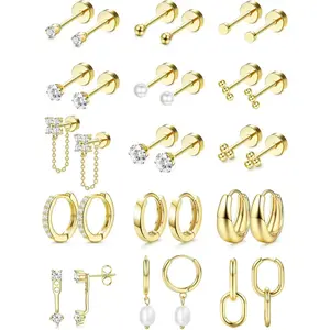 Flat Back Earrings for Women Hypoallergenic Surgical Steel Earrings for Sensitive Ears-20G Cartilage Earring Stacks Gold Hoops Flatback Stud Earring Sets for Multiple Piercing