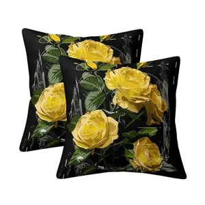 JIT 2PCS Yellow Roses, Green Leaves, Black Background Festival Party Decorative Cushion Covers, Gifts for Family, Event Decorative Cushion Cases, Suitable for Indoor Beds, Living Room Sofas (Insert Not Included)