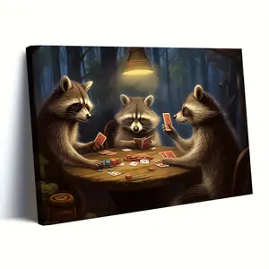 1pc Pine Wood Framed Canvas Painting - Artistic Raccoon Scene Photo, Game Room Wall Art, Home & Living Room Decor, Halloween Christmas Gifts