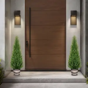 3FT 4FT Artificial Cedar Topiary Trees with Rustic Barrel Planter, Outdoor Indoor Realistic Faux Pine Shrubs Plants, Fake Cypress Trees for Home Offices Porch Decor, Set of 2