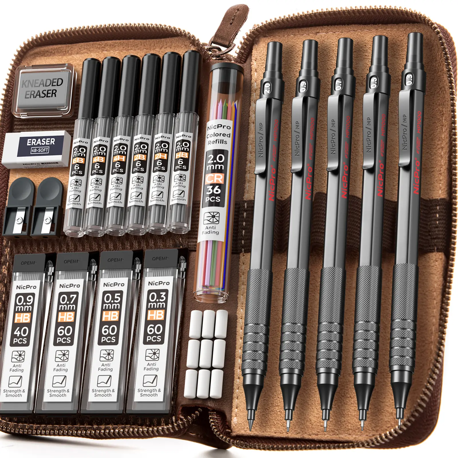 Nicpro 5-Pack Black Metal Mechanical Pencils Set with Leather Case, 0.3/0.5/0.7/0.9 mm & 2mm Holders, 9 Tubes of 4B/2B/HB/2H Lead Refills, Erasers, Office School Supplies