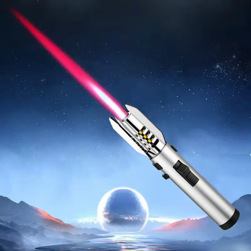 Torch lighter, red flame, with safety lock, bright flame lighter, refillable with butane gas, windproof spray flame cool lighter, suitable for candles, barbecue, stove walls, camping gifts (excluding butane gas)