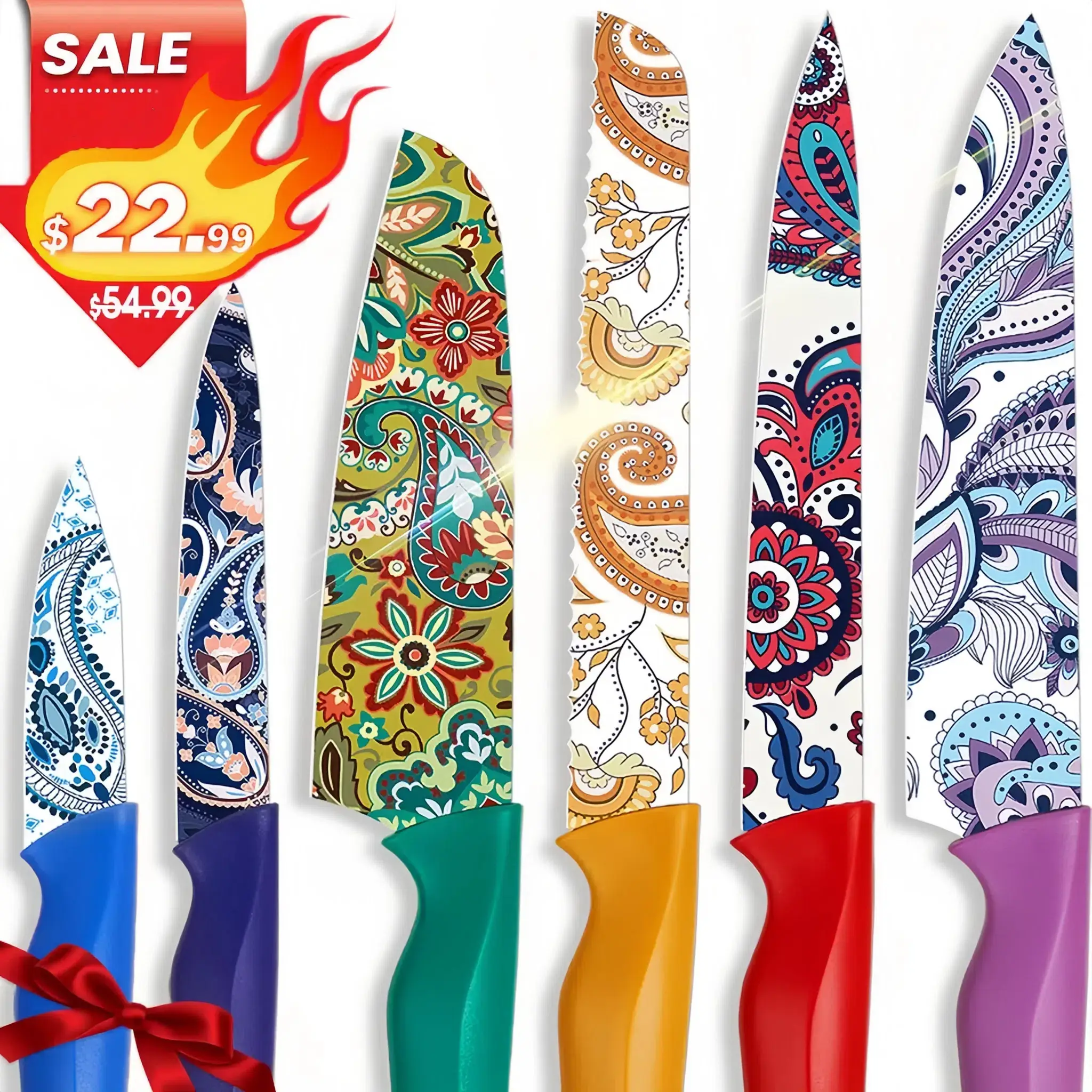 Astercook Paisley Knife Set, Scratch Resistant Coating, 6 Knives and 6 Knife Holders, High Carbon Stainless Steel Kitchen Block Cooking Cutting
