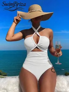 Briza｜Halter Cut-Out One Piece Swimsuit In Solid White, Vacation Swimwear For Women And Bathing Suit Fancy, Bathing Suits For Women With Swimsuits Tummy Control, Tummy Control Swimwear Fit, One Piece Bathing Swimsuit For Women Resort Chic