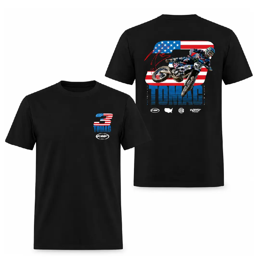 Men's Cotton Motocross T-Shirt, Casual Short-Sleeve Crew Neck with Tomac #3 Double-Sided Dirt Bike & USA Flag Graphic, Tshirt, Round Neck, Basic, Clothes, Classic, Do Not Dry Clean