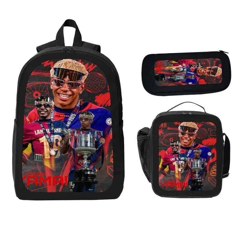 LAMINE YAMAL Unisex 3-Pcs Backpacks for School Set Pack, Large Capacity Water Resistant Bookbag with Insulated Lunch Bag & Pencil Case, Travel Daypack for Elementary Middle School Kids b-37
