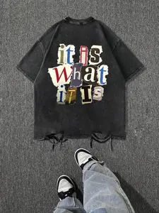 Men's Cartoon Letter Print Short Sleeve Tee, Regular Fit Casual Street Soft Comfy Round Neck T-Shirt for Summer, Menswear for Daily Wear, Top