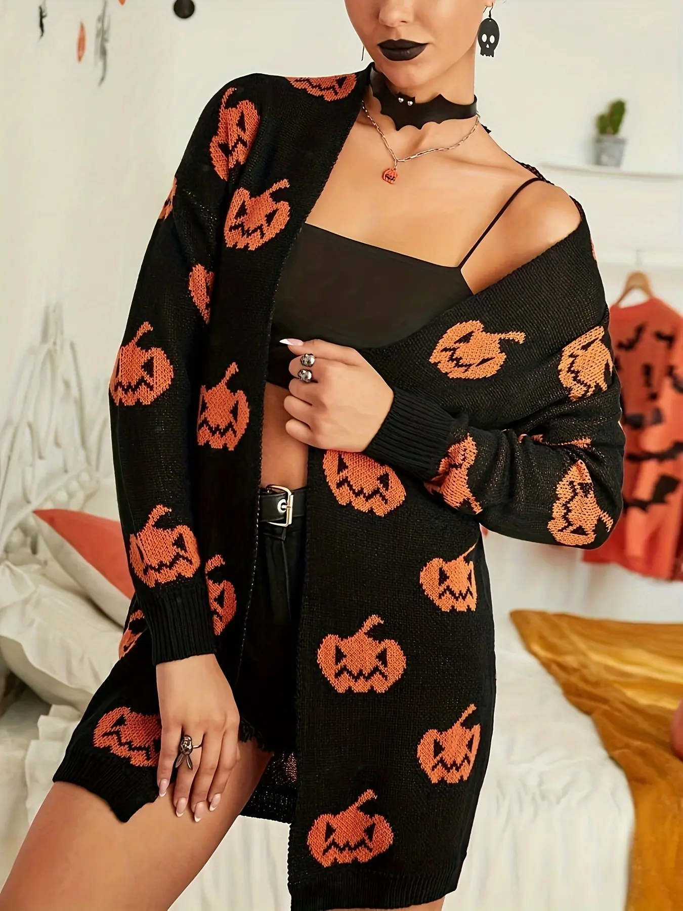 Unlock Your Style with Base Pumpkin Pattern Graphic Knit Sweater Cardigan, Perfect for Cozy Fall, Trendy and Fashionable Look Knitwear