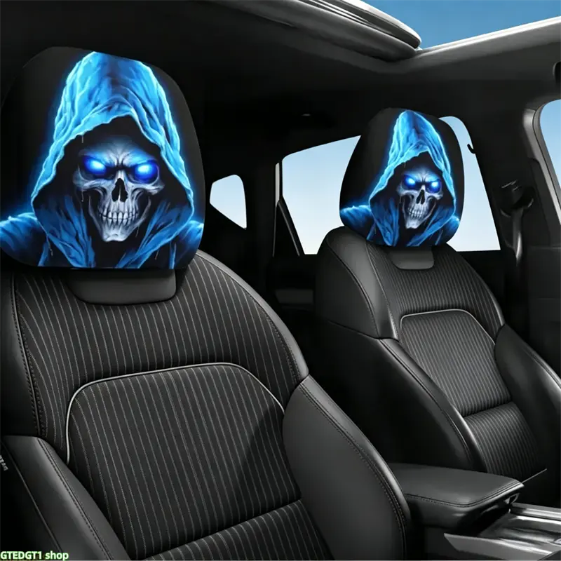 2 PCS Gothic Style Blue Glowing Reaper Skull Print Car Headrest Covers, Universal Elastic Soft Headrest Protector, Spooky Hooded Skeleton Pattern Auto Seat Head Rest Covers for SUV, Truck, Sedan, Car Interior Decor Aesthetic Car Accessory Automotive