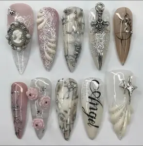 Gothic Baroque Sculpted 3D Press On Nails with Floral, Lace, and Cross Detailing