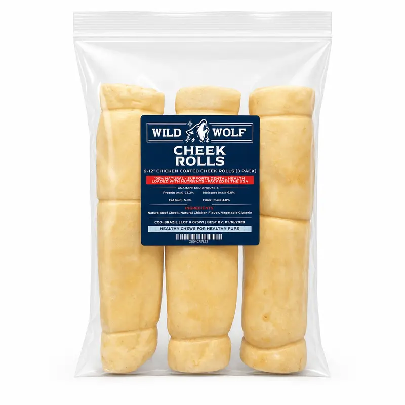 9-12” Chicken-Coated Collagen Cheek Rolls (3 Pack) 100% Natural and Extra-Thick - Single-ingredient - Long-lasting for Big Dogs and Aggressive Chewers