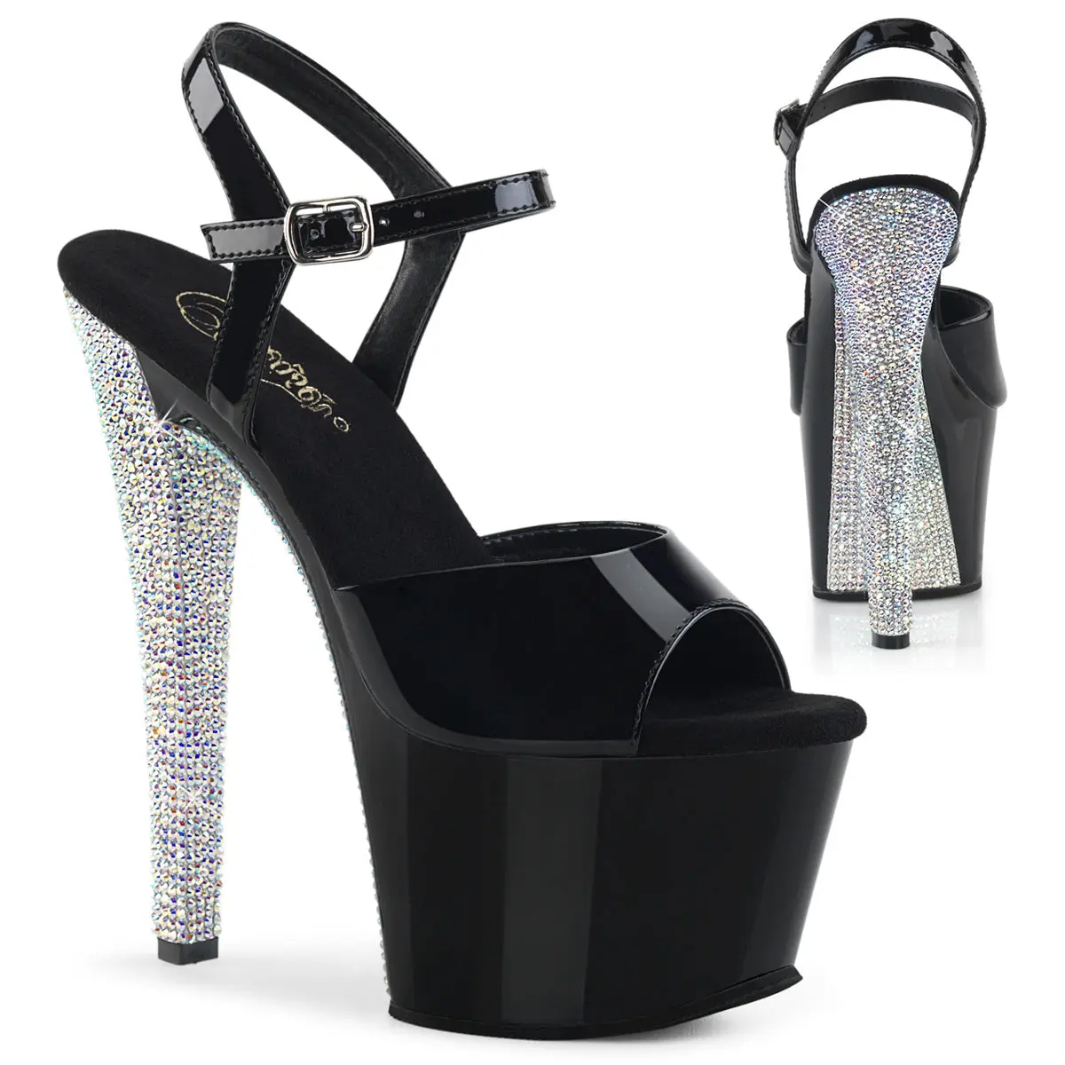 Pleaser Women's Sky-309CHRS 7" High Heel Ankle Strap Sandals with Rhinestone Embellished Chunky Platform, Chunky Heel Platform, Dressy Heeled Sandals
