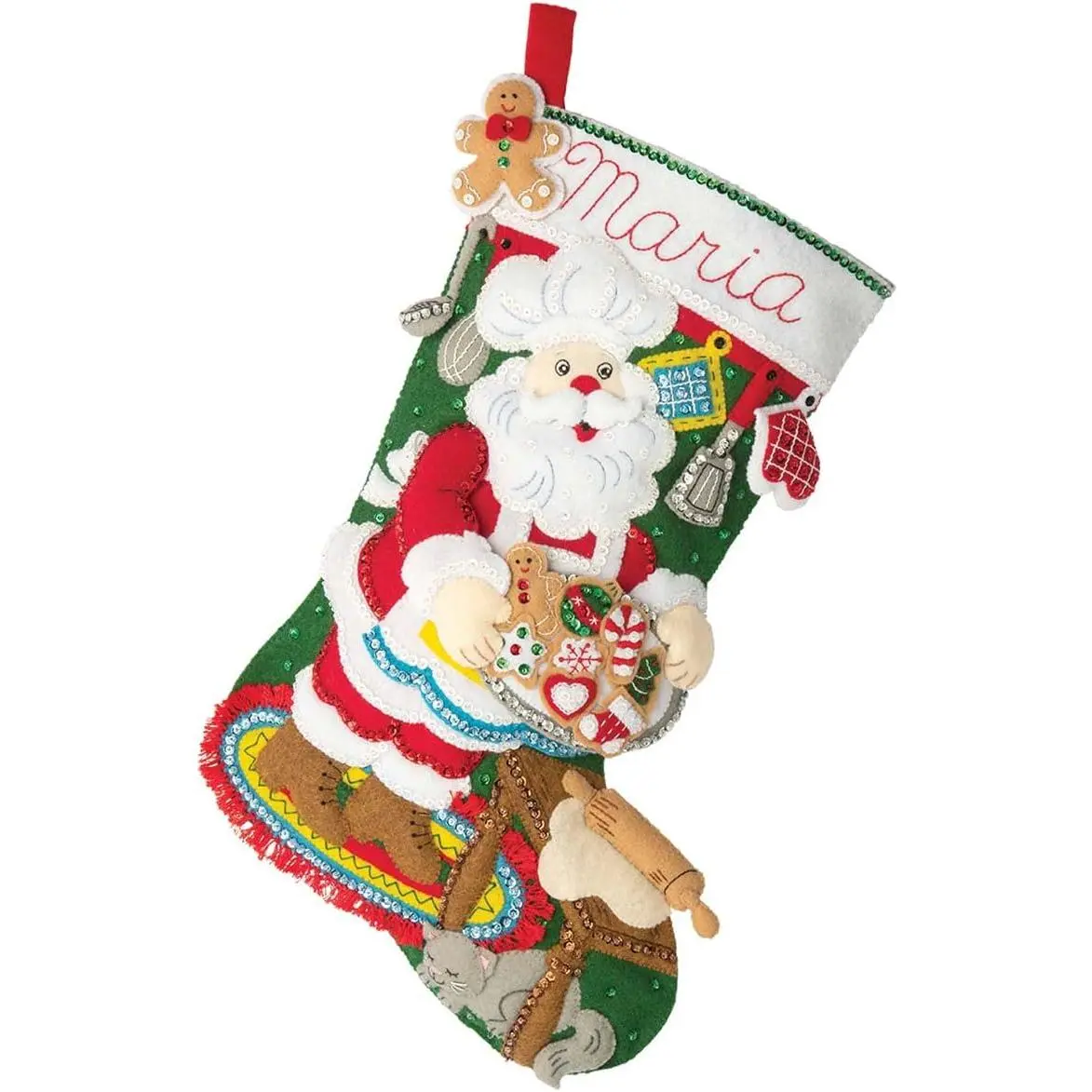 Bucilla Felt Applique 18" Christmas Stocking Making Kit - Traditional Gingerbread Santa Design, Cotton Kitchen Decor Ornament Set for Bucilla Projects (89312E)