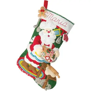 Bucilla Felt Applique 18" Christmas Stocking Making Kit, Traditional Gingerbread Santa Design, Cotton-Made Baking-Themed Gift (89312E)