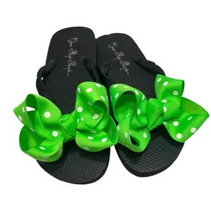 Neon Green Cute Polka Dot Bow Flip Flops for Ladies Sandals, Black Flat