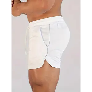 Summer Men's Solid Elastic Waist Drawstring Shorts With Pockets, Casual Fabric Menswear Polyester Stretch