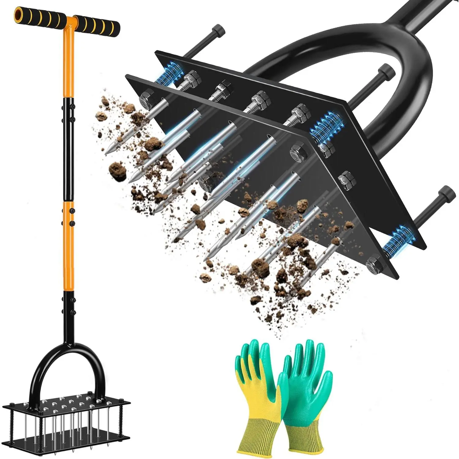 16-Spike Manual Garden Lawn Aerator Tool for Small Lawns - Pre-Assembled, Equipped with Spring Base and Included Gloves