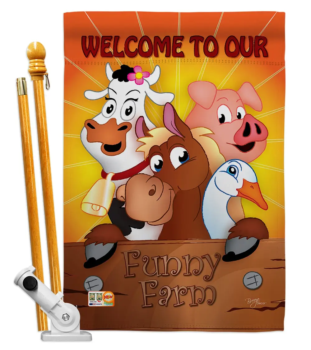 Breeze Decor BD-FA-HS-110039-IP-BO-D-IM09-BD Double-Sided Vertical House Flag Set, 28x40 in, 57 in Pole Bracket with Pole Mount, Hardware, Adjustable Angle Display, Soft to the Touch Funny Farm Animals Nature Impressions