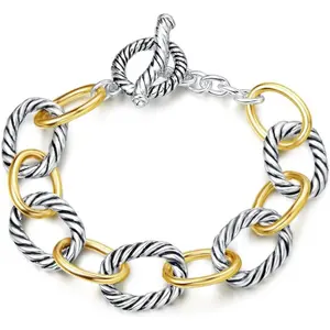 Women's Elegant Bangle Bracelet - 2-Tone Twisted Cable Link, Designer-Inspired Silver & Gold, 7.5" Adjustable Costume Jewelry, Daily Wear Fashion Accessory