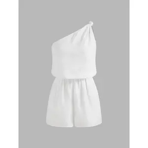 Cider [2 colors, size 0-10] Linen-blend Asymmetrical Neck Solid Twist Pocket Romper