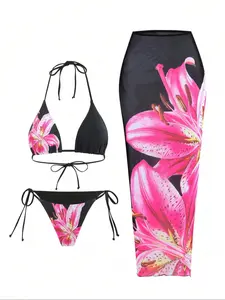 Three-piece Set Women's Plants Print Bikini Set, Casual Fashion Chic Summer Swimsuit Set, Ladies Swimwear for Beach Holiday Vacation, Bikinis Set