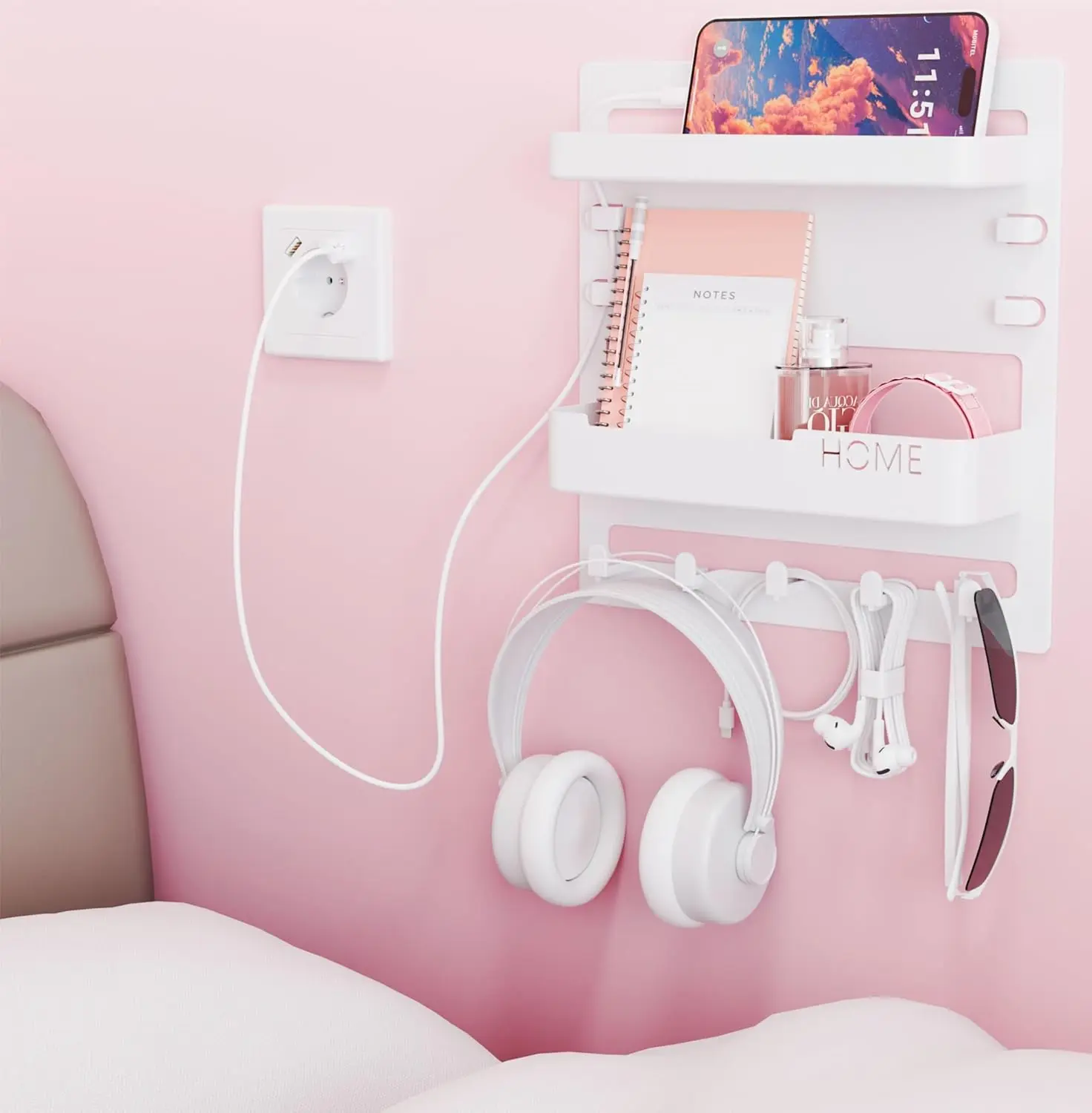 Bedside Wall Organizer for Dorm Bed,Rv,Small Room and Nightstand,Wall Mounted Floating Shelves and Bedside Shelf for Remote,Phone Holder,Charging Shelf,Cute Bedroom Decor for College Girl,White