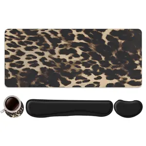 4pcs Wildness Leopard Print Design Mouse Pad + Keyboard Wrist Rest + Ergonomic Mouse Pad + Coaster Set For Desktop Decoration, Office Accessories Set Ergonomic Wrist Support, Computer Mat Mouse Pad Coaster Suitable For Home Office Gaming