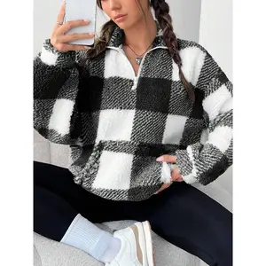 Women’s Plaid Print Fleece Sweatshirt, Half-Zip Design with Drop Shoulders, Casual Long-Sleeve Hoodie for Autumn and Winter