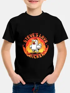 Kids World Minecraft Lava Chicken Cartoon Short Sleeve Graphic Tee, Unisex Game Cool T-Shirt, Children Summer Casual Wear