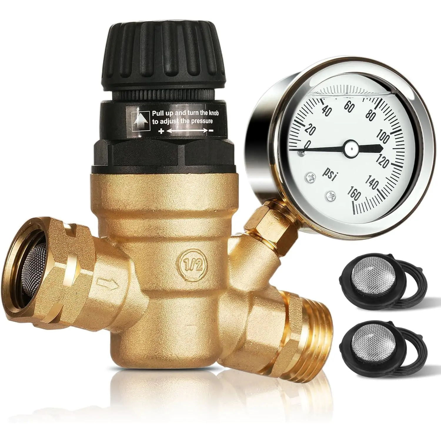 Certified Lead-Free Brass RV Water Pressure Regulator, 0-160 PSI Adjustable Reducer with Gauge, Adjustable Knob, Built-In Filter, Tool-Free Hand Turn, 3/4" GHT Connections for RV, Camping, Boating, Car Washing