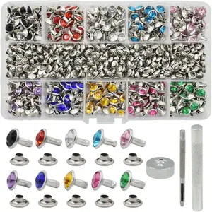 400sets 7mm Rhinestone Rivets 10 Colors Cz  Rivets with Tubular Metal Studs 3 Tools for Clothing, Performance, Arts and Leather Craft DIY Making