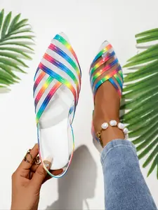 Fashionable Rainbow Striped Design Slip on Sandals, Casual Pointed Toe Flat Sandals for Summer, Lightweight Breathable Comfortable Shoes for Women, Girl, Boho Style Sandal