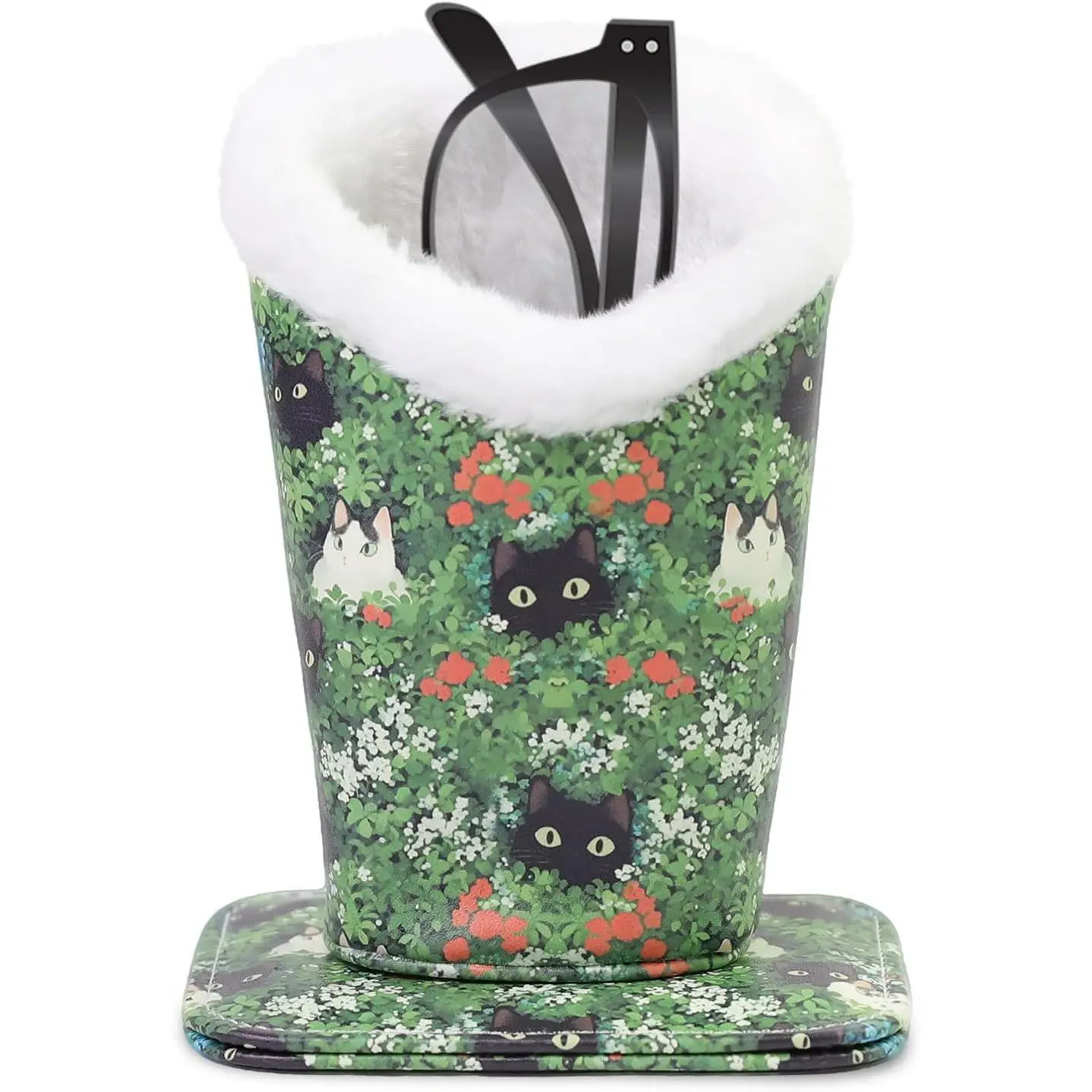 Plush Lined Eyeglasses Holder, Cute Magnetic PU Leather Glasses Stand Case for Women Men Kids