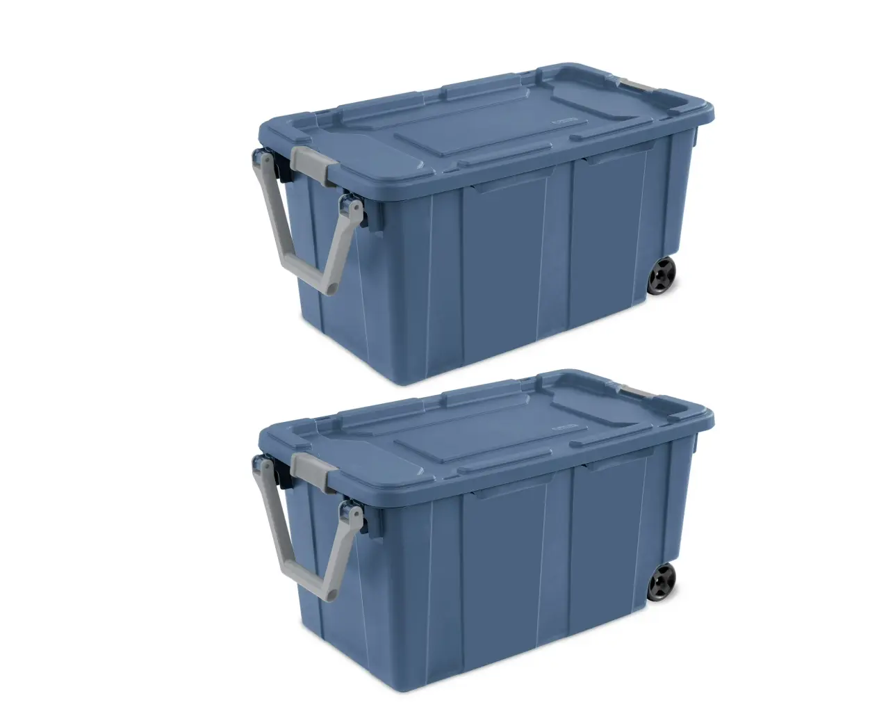 40 Gallon Wheeled Industrial Tote, Rugged Plastic Storage Bin, Latch Lid, Blue, 2 Count