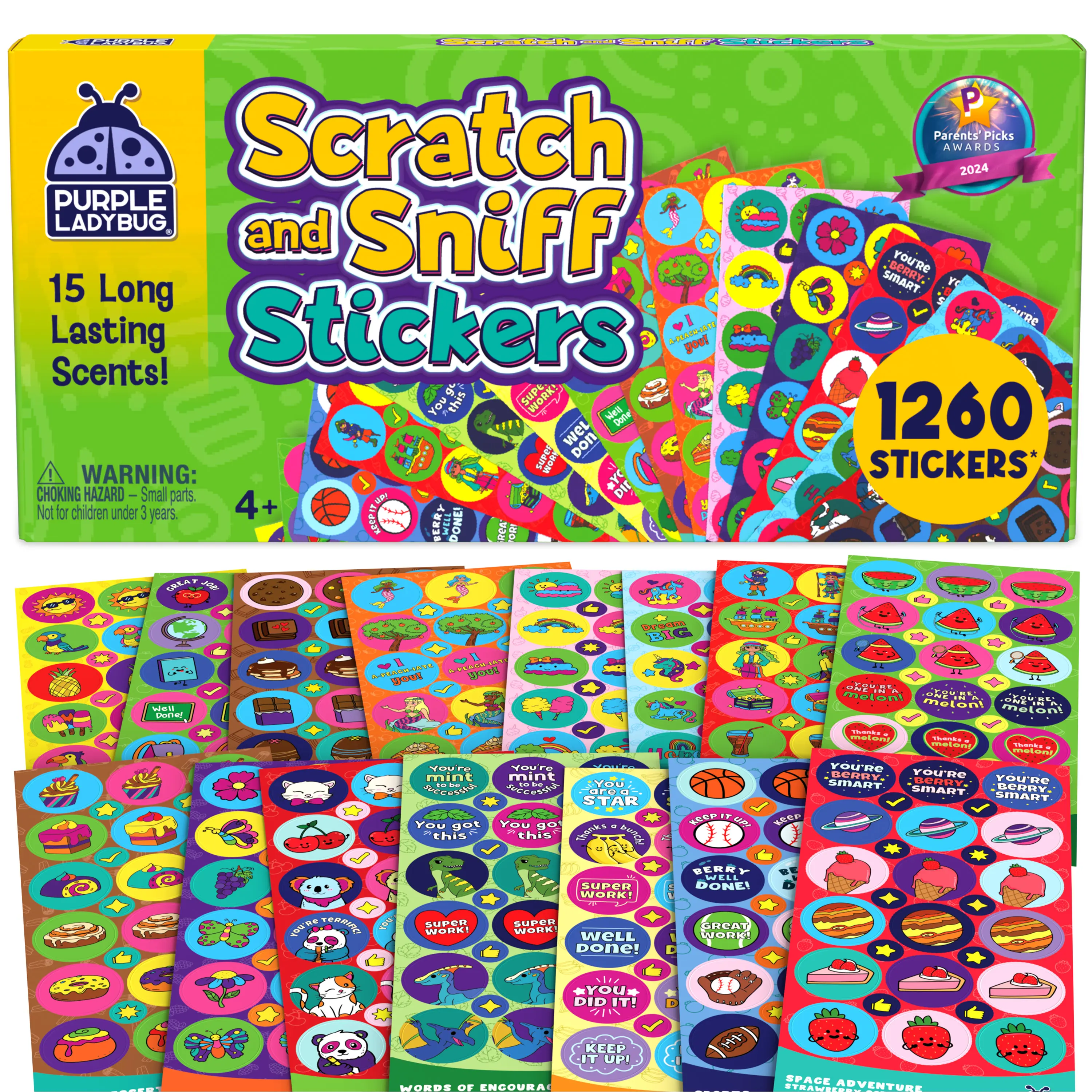 Purple Ladybug Scratch & Sniff Sticker Pack, 1,260 Scented Reward Stickers with 15 Fun Scents, Classroom Rewards for Kids, Teachers & Creative Learning Fun
