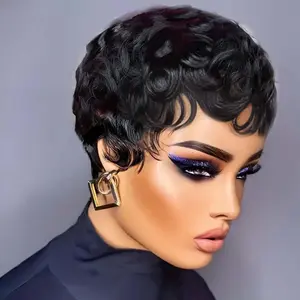 Pixie Cut Wig Human Hair Short Human Hair Wigs For Black Women Glueless Wigs Pre Plucked Short Curly wigs With Bangs For Daily Use Color 1B Black