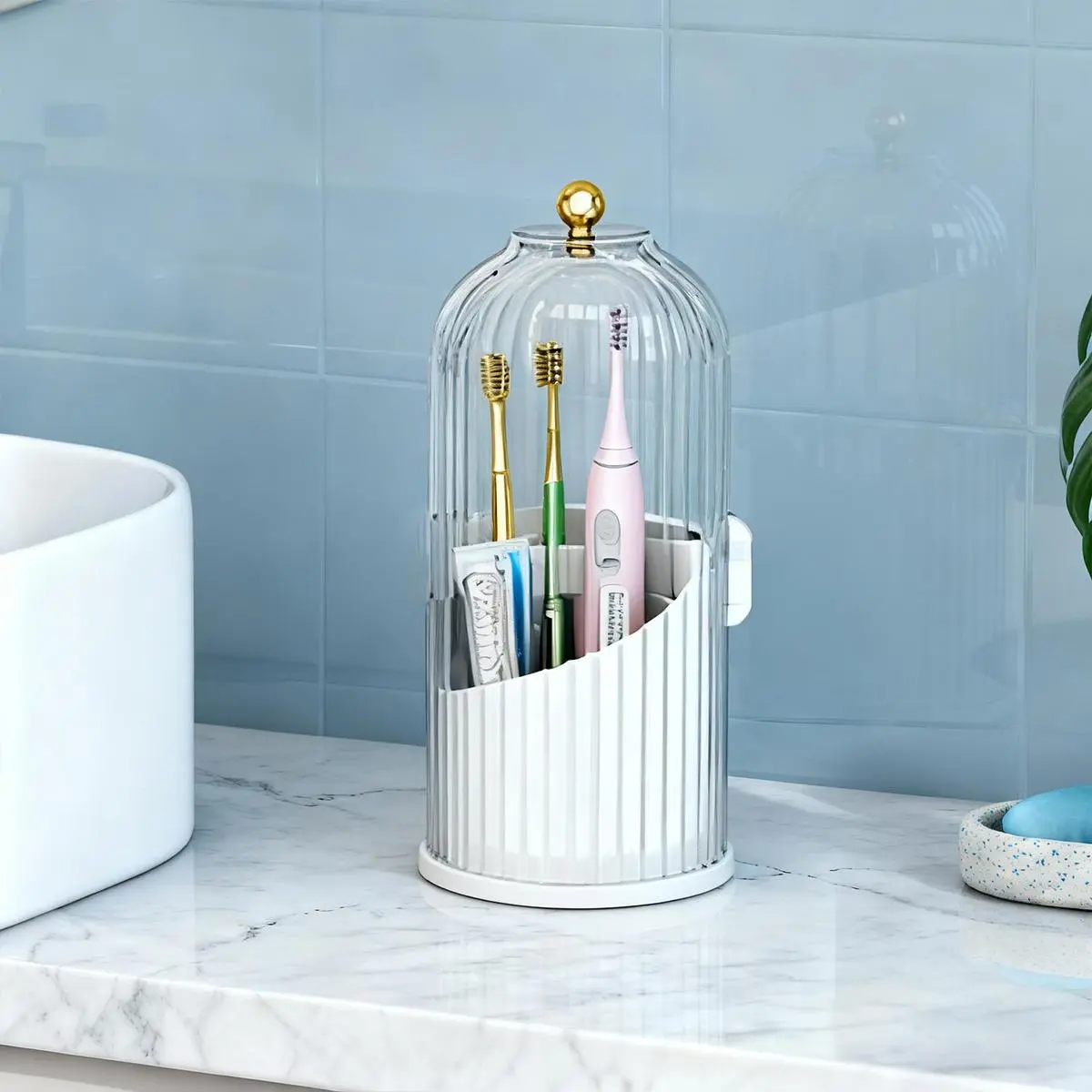 Transparent Plastic 3-Slot 360-Degree Spinning Organizer - Toothbrush Storage, Dustproof, Non-Slip, Water Draining, Bathroom Vanity Countertop Holder for Indoor Recreation Use, Abs, 3 Slots, 1Pcs, Non-Woven