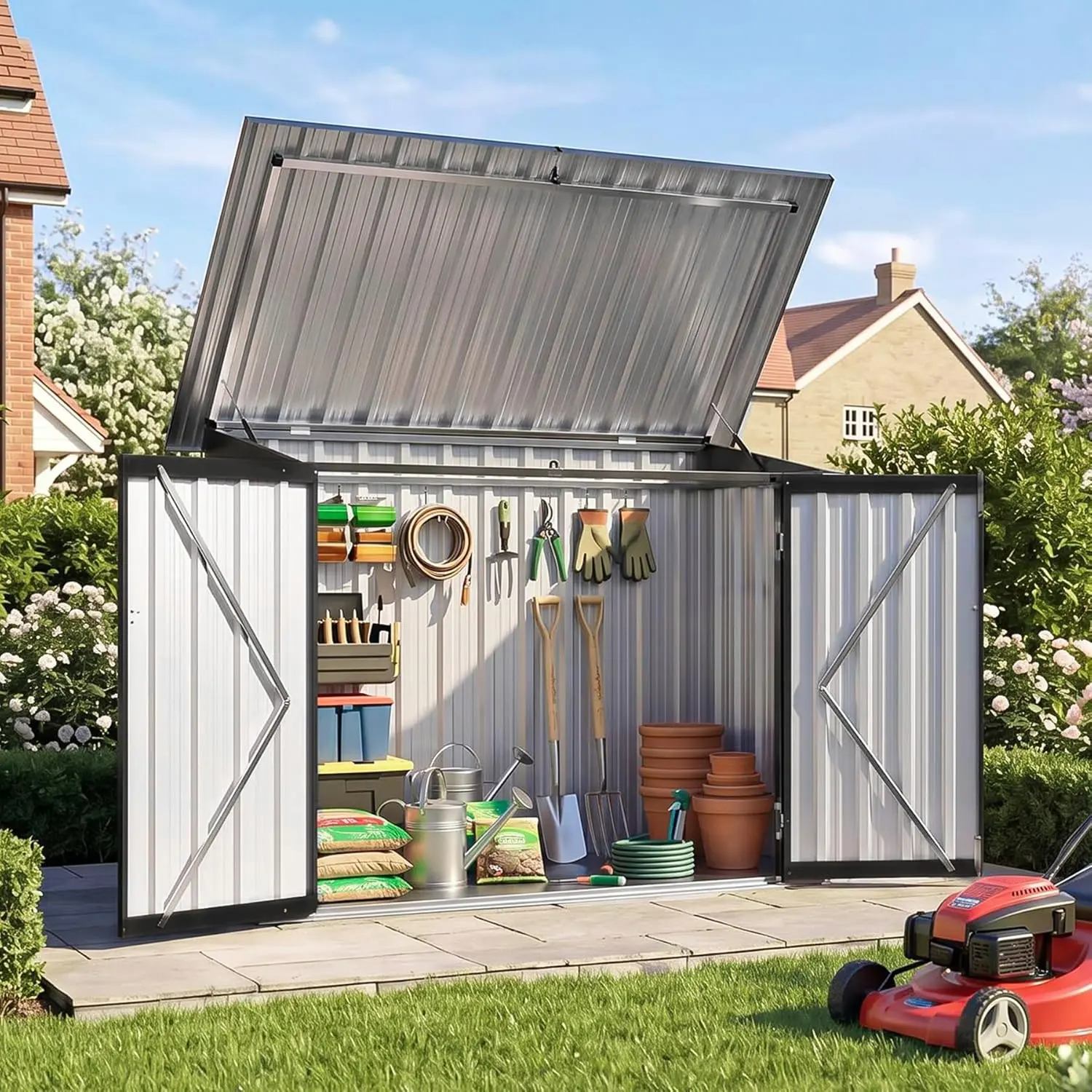 Aoxun Outdoor Storage Cabinet with Shelf, 35 Cu.Ft Metal Storage Shed, All-Weather Tool Storage Box with Hydraulic Lid, Lockable Doors for Patio Garden Garage, Black