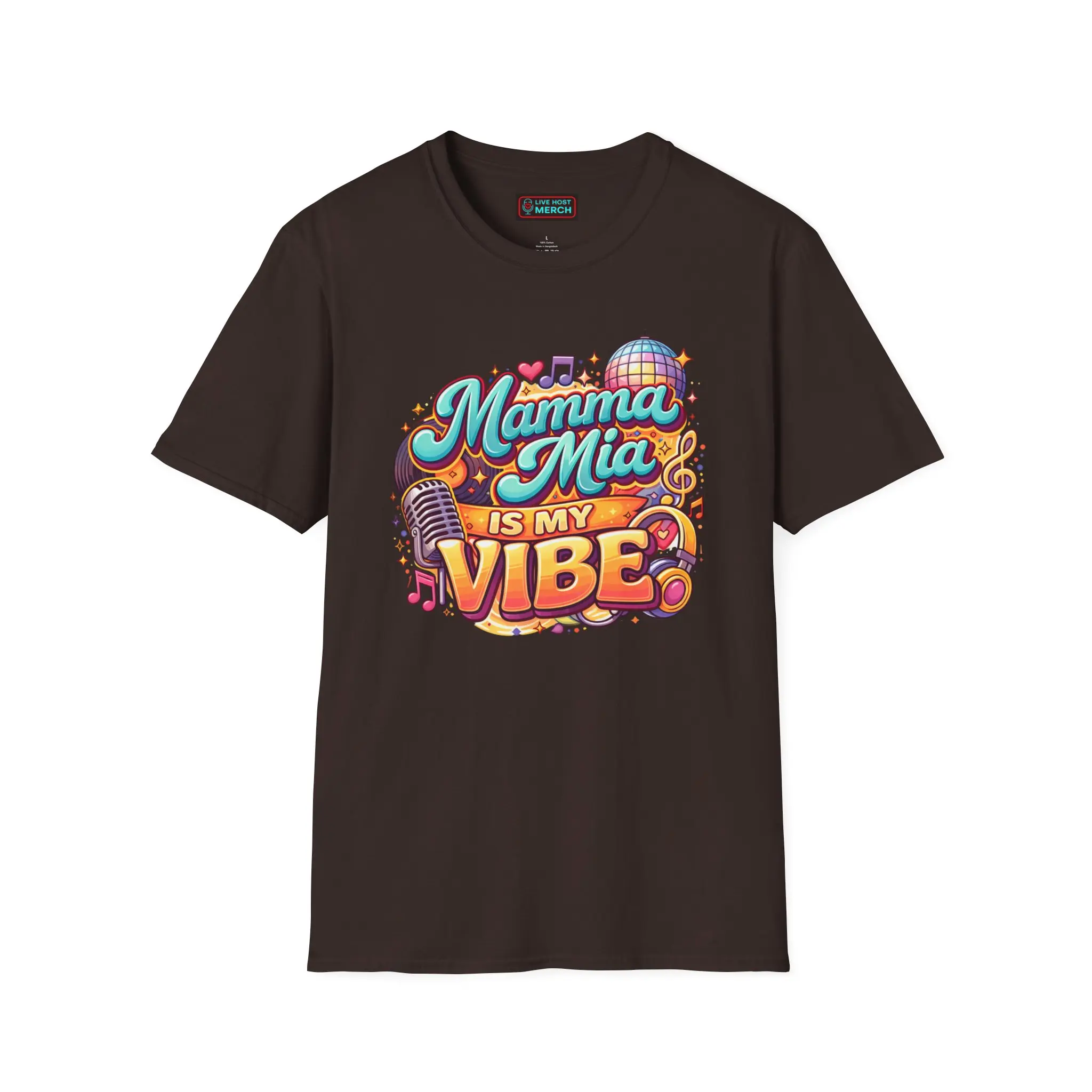 Men's Short-Sleeve Graphic Casual T-Shirt - @mammamia9681 Official Creator Merch, "Mamma Mia Is My Vibe" Disco Microphone Retro Music Top, Streetwear, Shortsleeve, Fit, Graphics, Lightweight, Printed