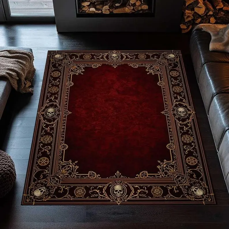 Gothic Skull Rug, Red Black Victorian Area Carpet, Occult Halloween Home Decor, Dark Academia Bedroom Statement Accent Gift