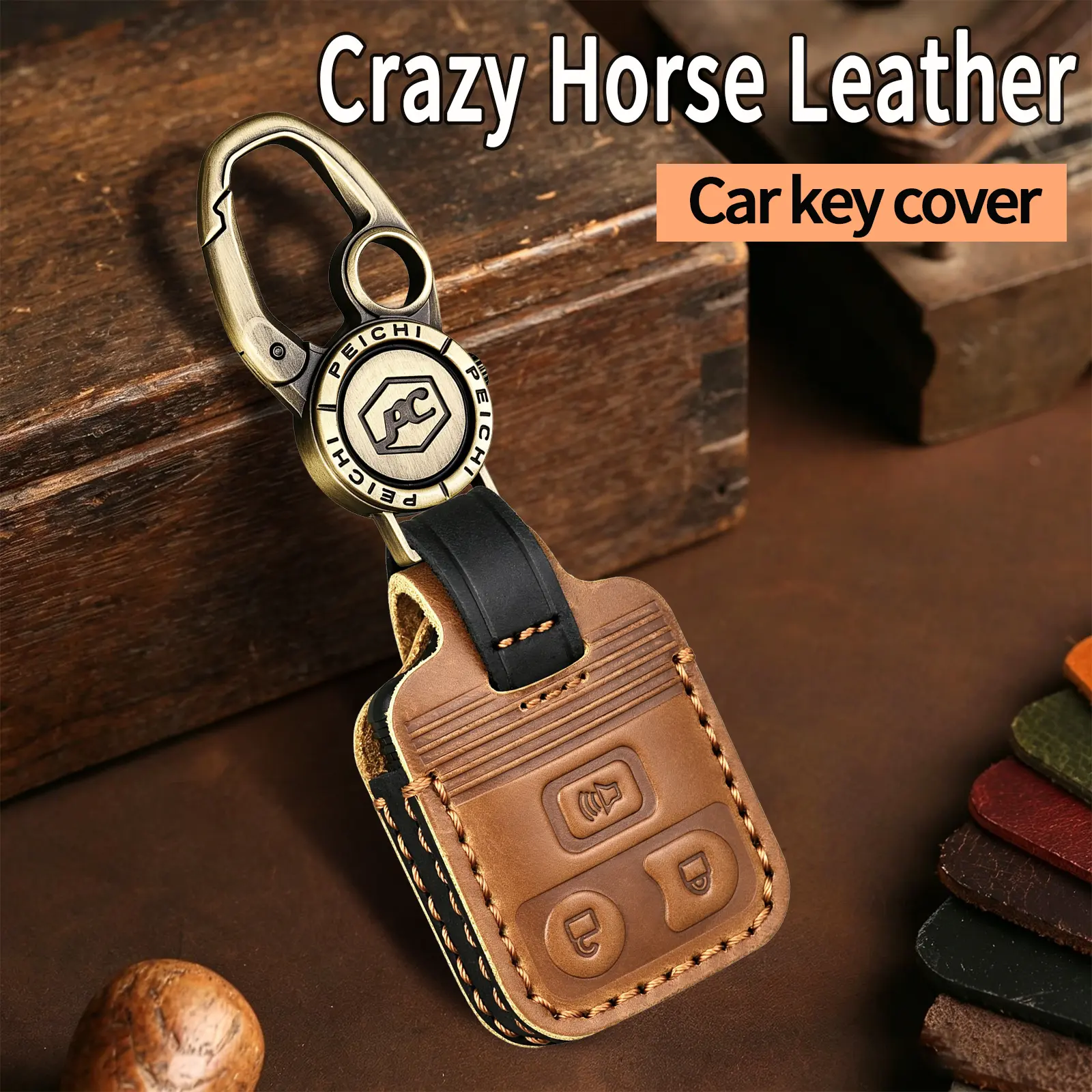 For Ford 3 Buttons Key Fob Cover, genuine leather Full Protector for Ford F150 F250 F350 Edge Escape Explorer Ranger, Lincoln, Mercury, Mazda Key fob Case with Keychain