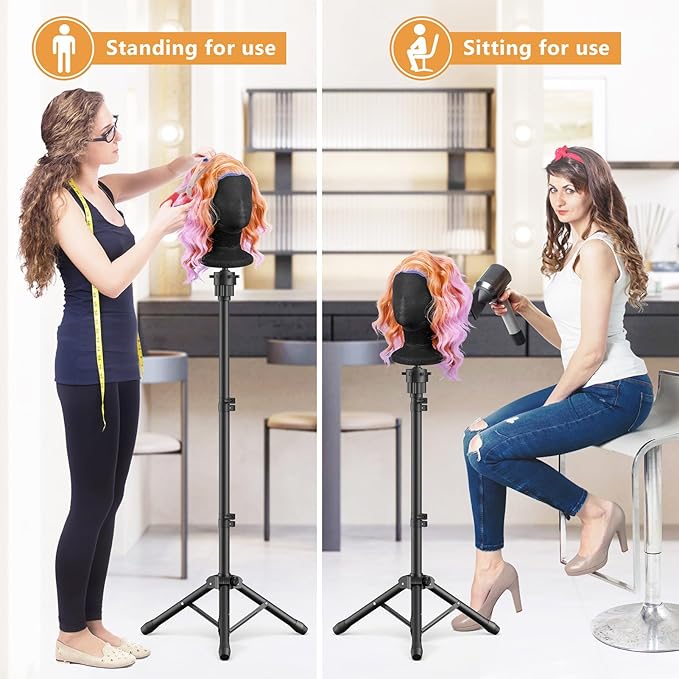 Wig Head Stand 50 Inches, Height Adjustable Tripod Wig Stand, Salon Mannequin Head Stand with Anti-Slip Base for Styling, Wig Display Barber Training, Beauty School​