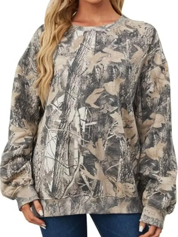 Unisex Camo Maple Leaf Print Oversized Camo Fleece Pullover Long Sleeve sohochic