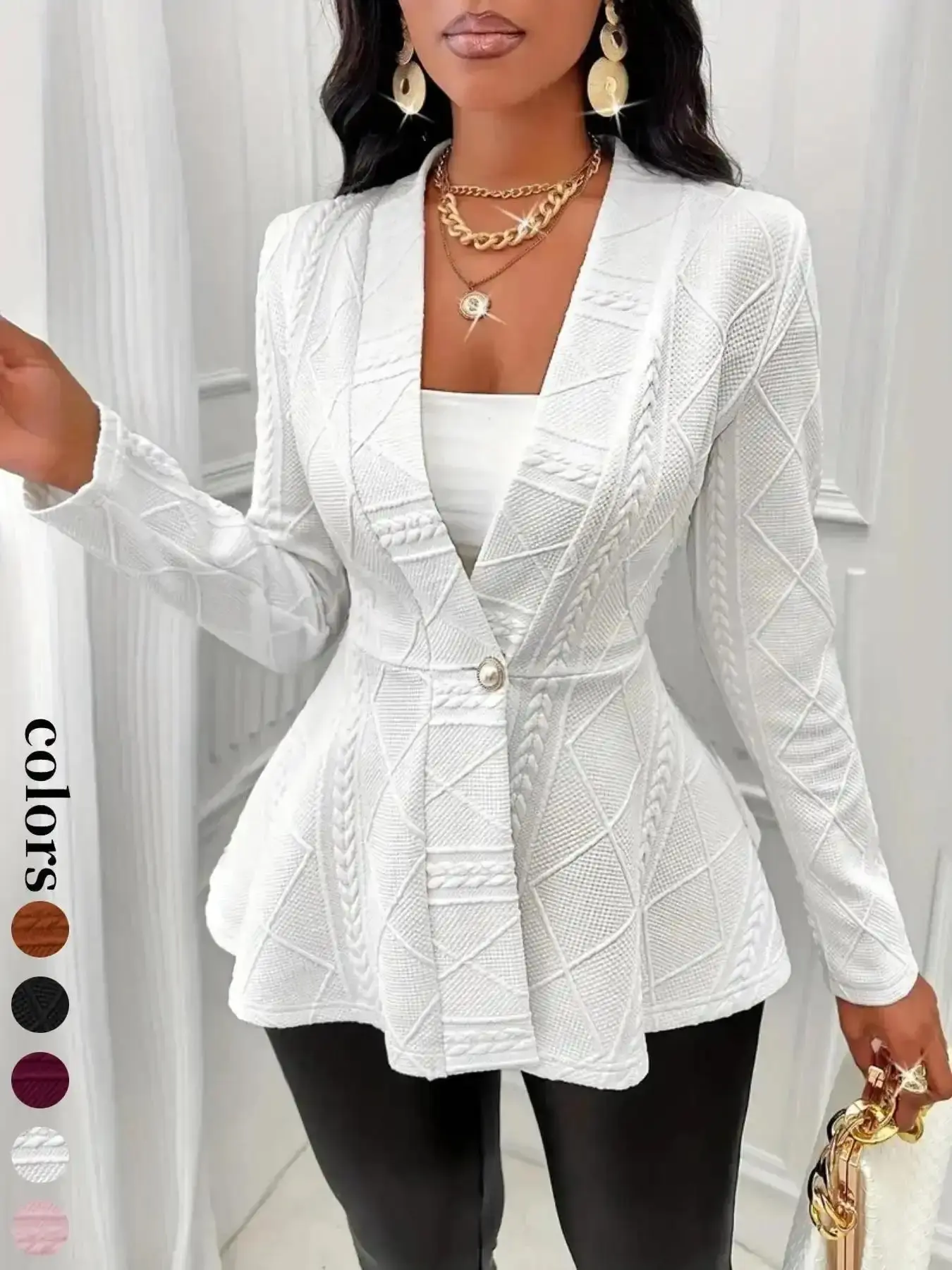 Women's Classic Textured Knit Button Front Blazer, Elegant Chic Long Sleeve Slim Fit Outerwear for Fall & Winter, Ladies Clothes for Work Office Business, textured elegance, cozy refinement, knit sophistication