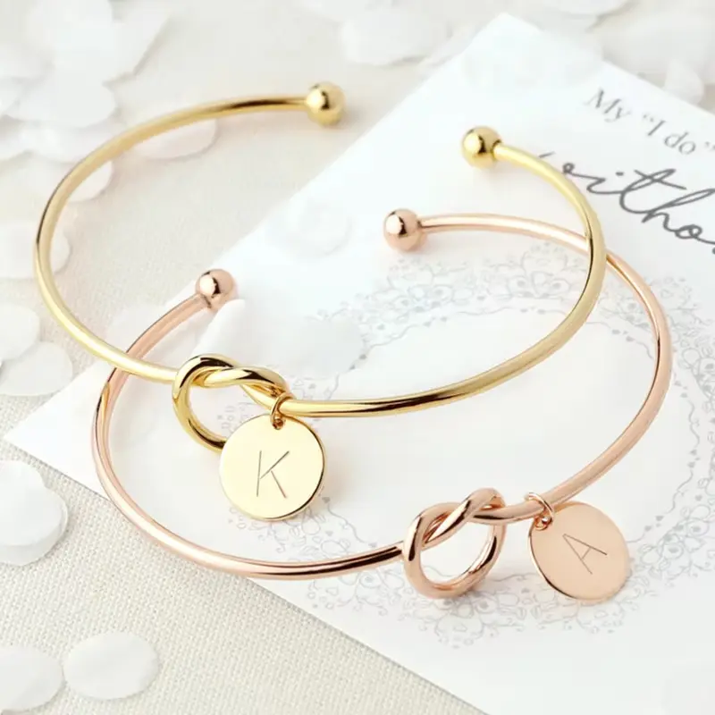 Women Stainless Steel Initial Coin Charm Open Cuff Bangle, Personalized Letter Bracelet
