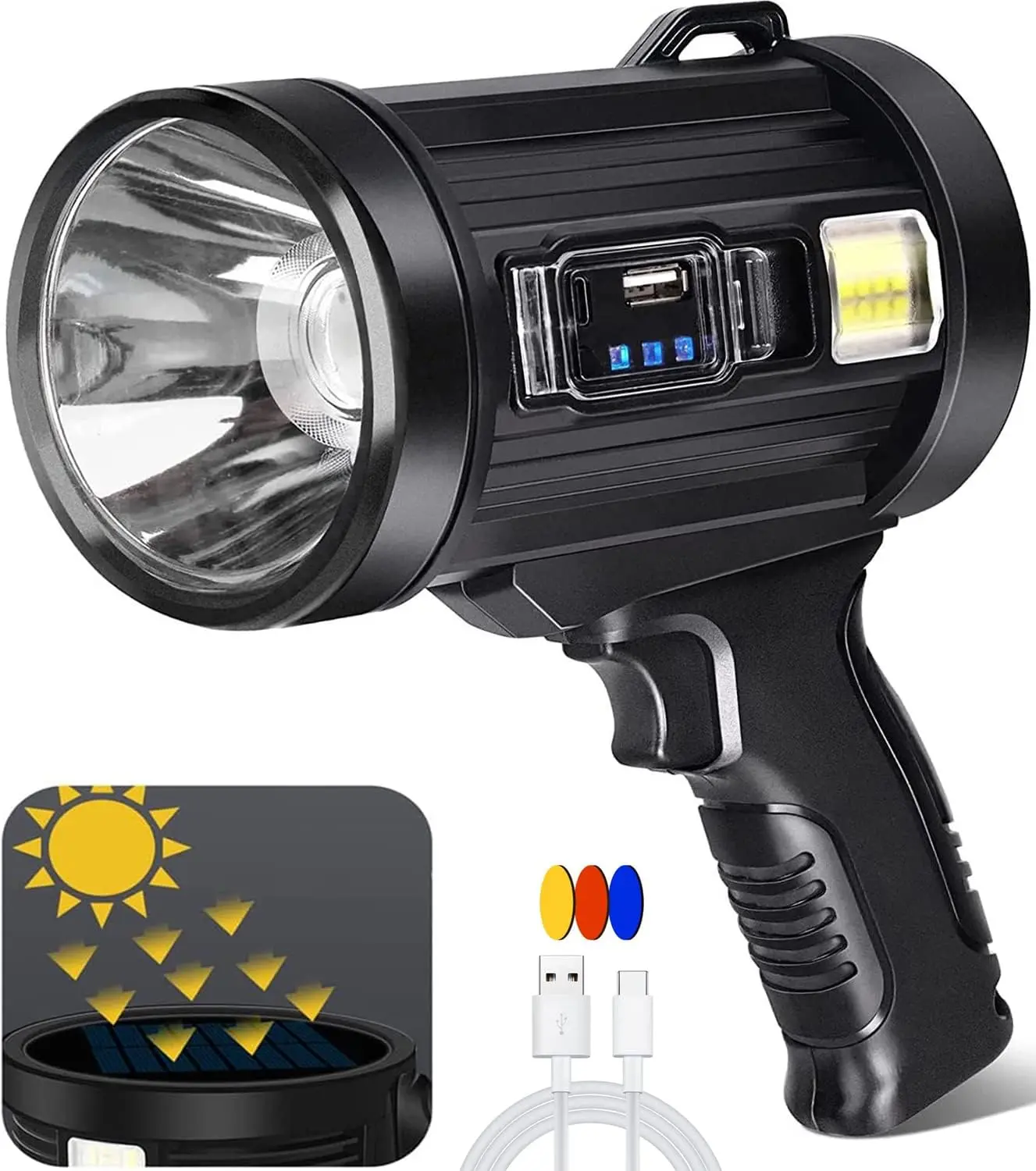 Rechargeable Spotlight, Handheld Flashlight Led Spot Light with Cob Light and Solar Panels, Lightweight and Super Bright Spotlight for Boating Camping