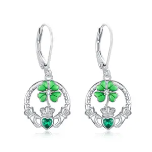 Good Luck Four Leaf Clover Celtic Claddagh Dangle Earrings with Lever Back in 925 Sterling Silver
