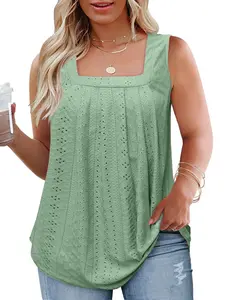 ROSRISS Women's Plus Size Square Neck Sleeveless Polyester Shirts - Lightweight, Loose-Fit, Cute Pleated, Eyelet Holes Flowy Tank Tunic, Chic Style Basic Casual Blouse for Summer (RPS2078) tiktokshopspringglowup